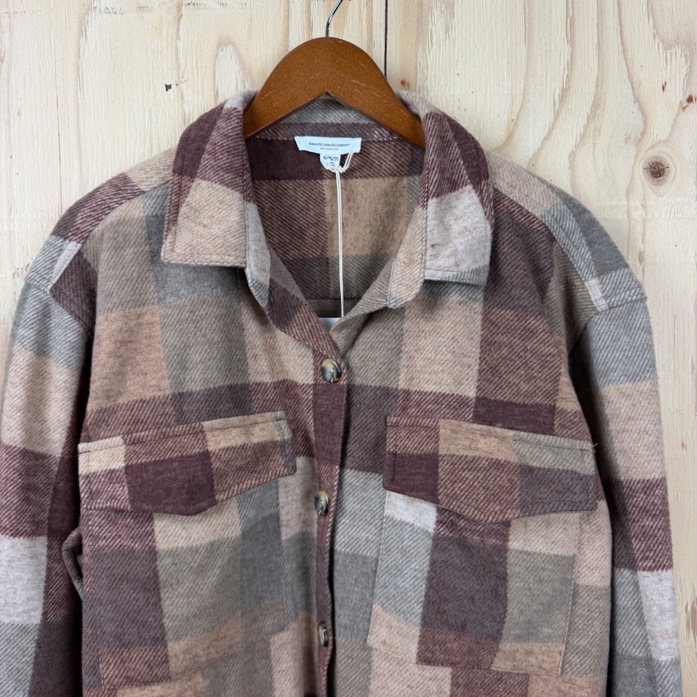Beachlunchlounge Shacket Women XL Brown NWT Taelyn Plaid Cozy Button Up Jacket